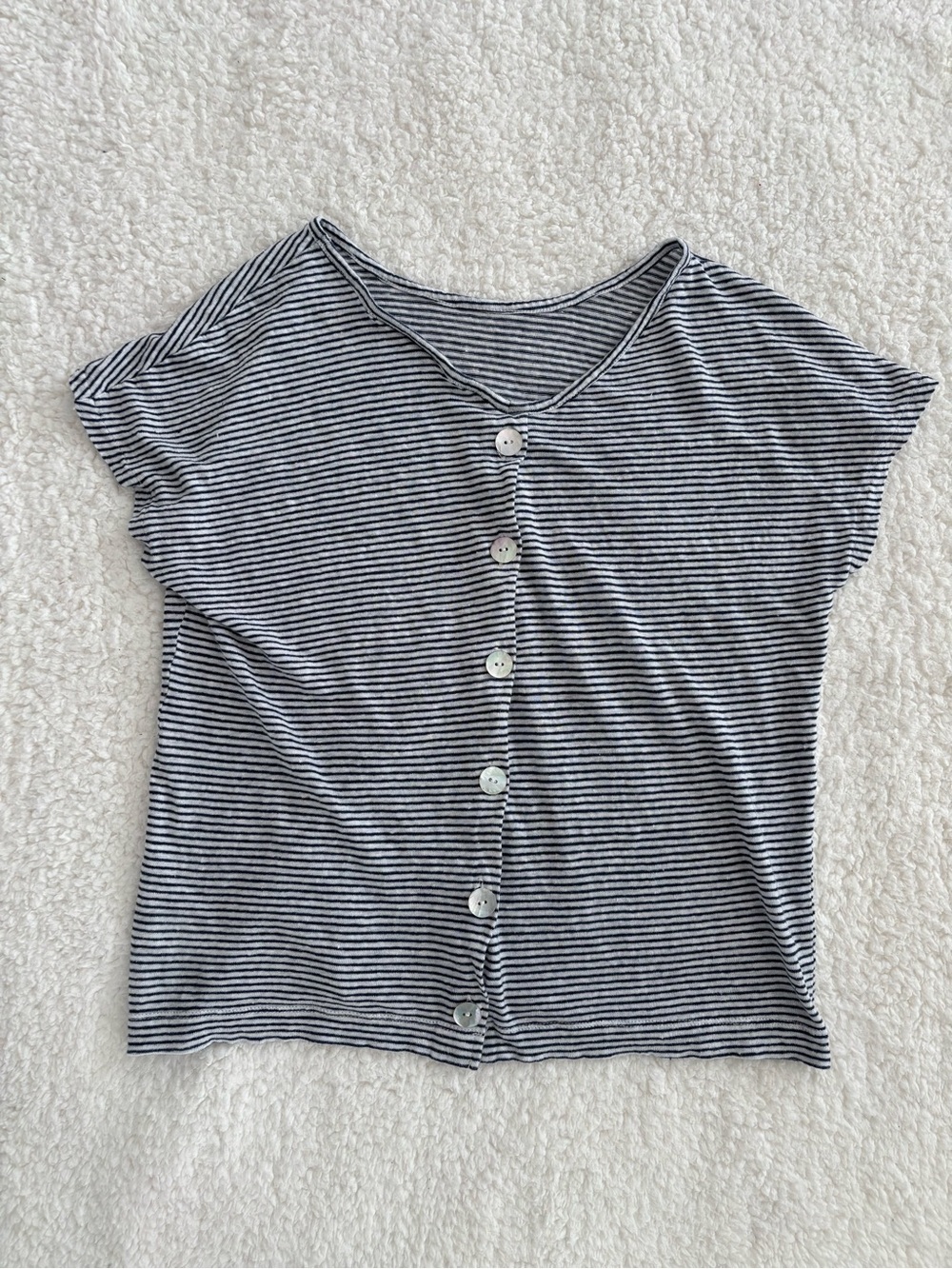 Navy White Striped 100% Linen Button Front Top Short Sleeve Coastal Casual